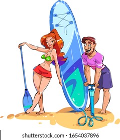 A red-haired girl with a paddle is standing next to the SUP Board, next to a guy pumping a pump