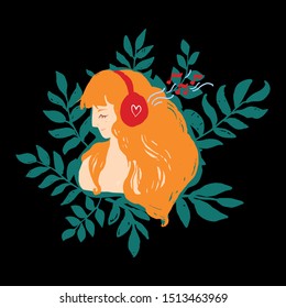 The red-haired girl painted in profile listens to music in red headphones with her eyes closed. Decorative illustration, good for printing. Colorful wallpaper vector.