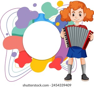Red-haired girl playing accordion, colorful abstract shapes.