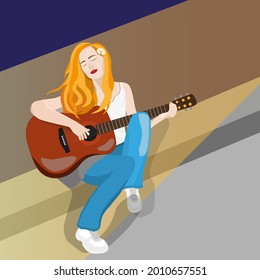 Red-haired girl plays guitar on the street