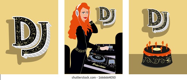 Red-haired girl plays music. DJ logo. T-shirt image. CDJ equipment. Сake and candles.  World dj day 9 march. Vinyl and cake. Theme for DJ Posters. Vector graphics on the theme of music. DJ Font. 