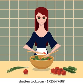 Red-haired girl prepares a salad