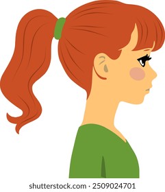 Garota de cabelo vermelho de perfil. O cabelo das meninas é puxado para dentro de um rabo de cavalo. Uma imagem de perfil simples de uma garota. Top tanque verde e cílios longos. Ilustração vetorial