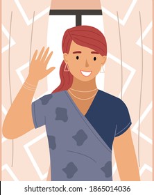 Red-haired girl raises her hand up. Female character stands against the background of a large window with curtains. The girl is wearing silver bracelet and necklace around her neck vector illustration