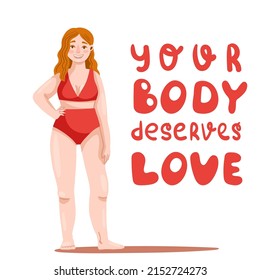 Red-haired girl in a red bathing suit. Lettering Your body deserves love. Drawn in cartoon style. Vector illustration for designs, prints, patterns. 