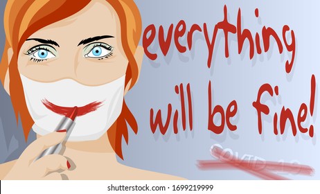 the red-haired girl with red lipstick inscribed on the light wall “everything will be fine!”, and painted a smile on the medical mask worn on her face. poster on the COVID-19 pandemic. vector
