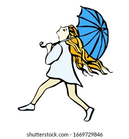 The red-haired girl runs under a blue umbrella. Vector illustration in cartoon style. Isolated on a white background.