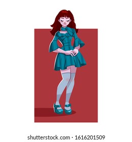 The red-haired girl in a short dress with a bow, in pantyhose and shoes, took up her fingers. Vector illustration.