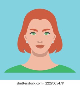 A red-haired girl with short hair and green eyes looks into the frame and smiles