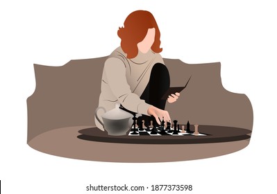 red-haired girl with short hair plays chess. beige color