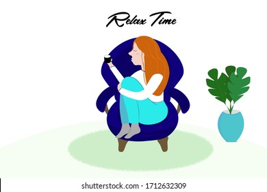 A red-haired girl sits on an armchair and enjoys drinking tea. Relax, relax at home in a comfortable environment. Vector image.