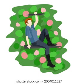 Red-haired girl sitting on the board against a bright background. Vector illustration