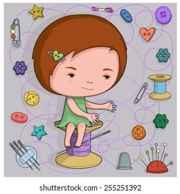 Red-haired girl is sitting on a chair in front of a large coil and tries to insert a purple thread through the eye of a needle.