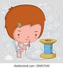 Red-haired girl is sitting on a chair in front of a large coil and tries to insert a purple thread through the eye of a needle.