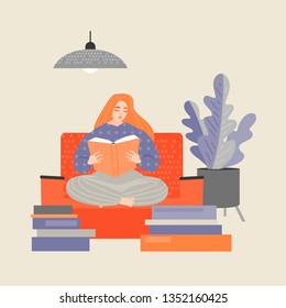 Red-haired girl sitting on the couch and reading a book. Illustration in cartoon style