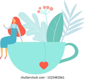 Red-haired girl sitting on the edge of a cup of tea. 