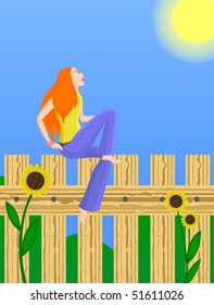 Red-haired girl sitting on fence near sunflowers