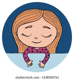 Red-haired girl sleeping in her crib. Pink pajamas. Vector. Hand drawn. Delicate colors. Isolated on white background. Round badge.