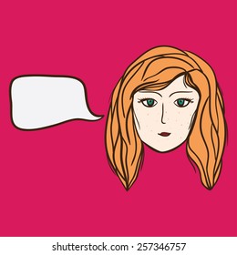 Red-haired girl with speech bubble.