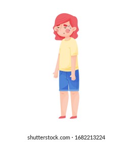 Red-haired Girl Standing with Her Hands Down Because of Hot Weather Vector Illustration