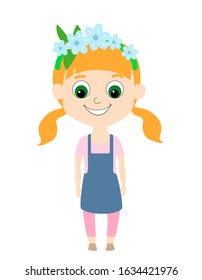 A red-haired girl stands happily smiling. The child is dressed in a jeans sundress, a pink T-shirt, and on her head she has a wreath of blue flowers and a hairdo of ponytails. Cartoon style for kids.