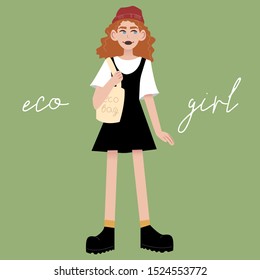 Red-haired girl stands with a shopper bag and smiles. There is a green background with an inscription 'eco girl' behind her.