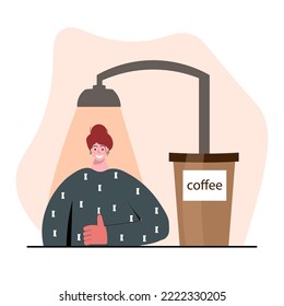 A red-haired girl stands under a shower of coffee pouring from a paper cup. I became satisfied and gave a thumbs up. Concept vector illustration