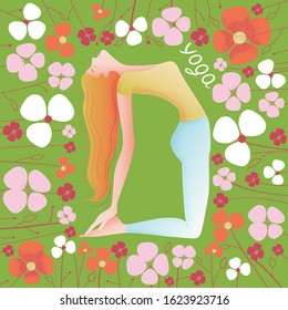 A red-haired girl stands in a yoga pose. Cartoon hand drawing. Floral greeting card and isolated square frame.