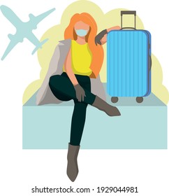 A red-haired girl with a suitcase. The character is going on a travel. Vector illustration. Restrictions from coronavirus at the airport. Travel and the pandemic. safety precautions. Mask.
