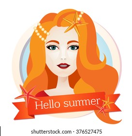 Red-haired girl, summer, vacation, hello summer, the emblem of a beach cafe.