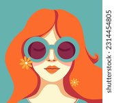 Red-haired girl with sunglasses on aquatic tone background. Summer Hippie style, 70s vibes. Flat vector illustration.