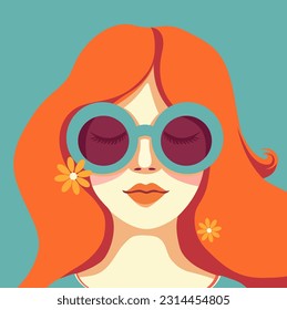 Red-haired girl with sunglasses on aquatic tone background. Summer Hippie style, 70s vibes. Flat vector illustration.