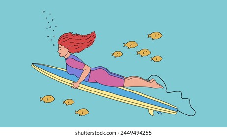 Red-haired girl surfer on a board in the sea with yellow fish. Water sports, Surfing. Vector illustration isolated on blue background in flat style