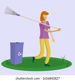 red-haired girl threw garbage into a container and went with a rake on her shoulders