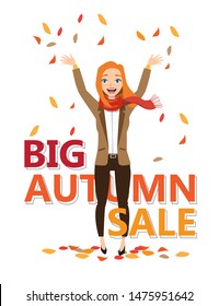 red-haired girl throws up autumn leaves. Vector illustration character design and word big autumn sale