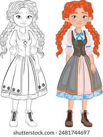 Red-haired girl in traditional dress with braids