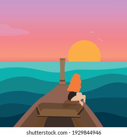 Red-haired girl travels on a boat in the sea and looks at the sunset