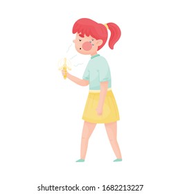 Red-haired Girl Using Fan Because of Hot Weather Vector Illustration