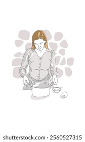 Red-haired girl in a vintage dress is cooking in a classic kitchen