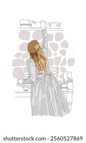 Red-haired girl in a vintage dress taking a pot from the shelf in a classic kitchen