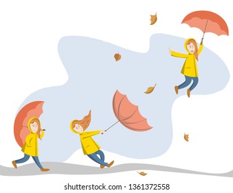 The red-haired girl walks during a hurricane and flies away on her huge umbrella