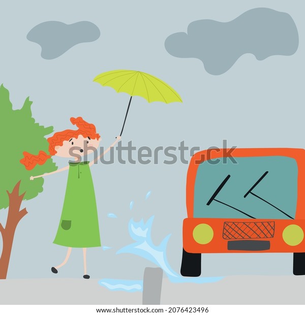 red-haired girl walks in the rain and a car pours\
water from a puddle on\
her