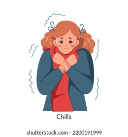 A Red-haired Girl In A Warm Scarf Is Trying To Keep Warm. This Woman Is Sick. Chills Due To Coronavirus Or Flu. Colds, Viral Diseases. Isolated Vector Illustration On A White Background