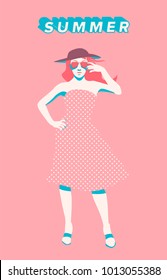 Redhaired girl wearing pink sunglasses, hat and polka-dot dress. Full height image of tall beautifull woman in pastel palette.