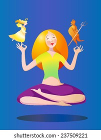 a red-haired girl in yoga lotus position is holding a angel and a devil