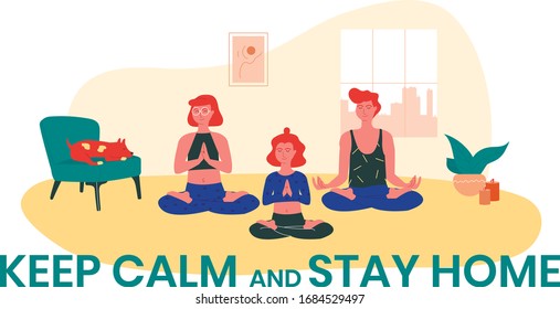 Red-haired girls doing yoga at home while their dog is sleeping near them. Keep calm and stay home vector illustration.