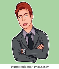red-haired guy in bone with crossed displeased face with his hands looking to the side vector illustration sticker