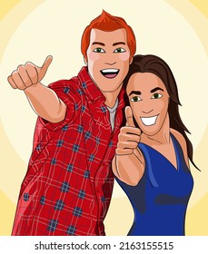 a red-haired guy and a brunette girl smile