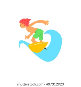 Red-haired Guy On Yellow Surfboard Flat Isolated Cartoon Simple Design Illustration In Bright Colors On White Background