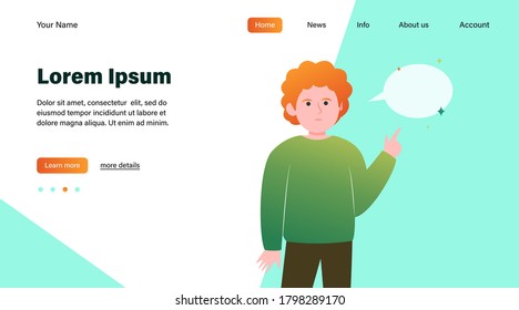 Red-haired guy pointing at empty speech bubble. Finger, chat, network flat vector illustration. Communication and message concept for banner, website design or landing web page